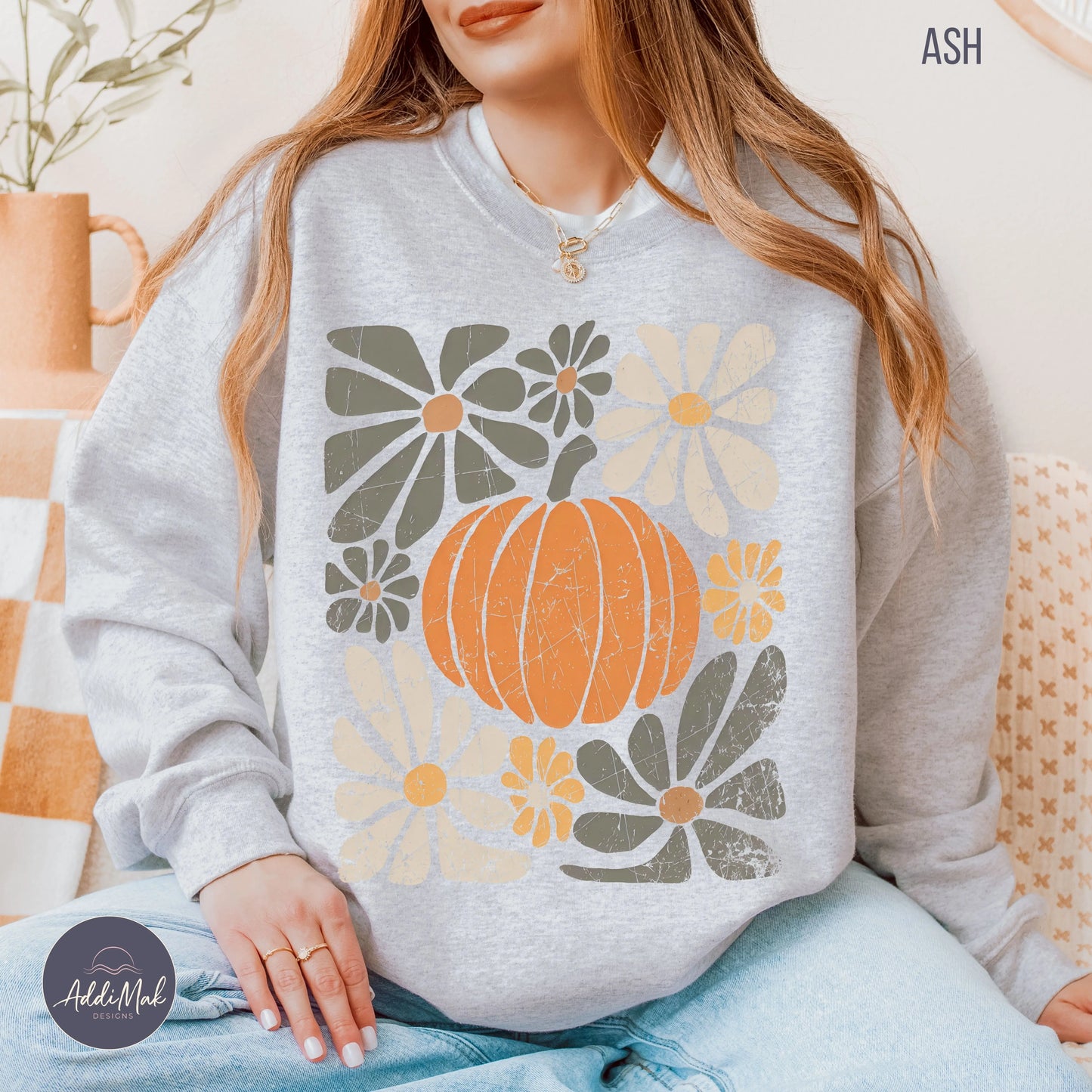Retro Pumpkin and Floral Crewneck Sweatshirt Printify