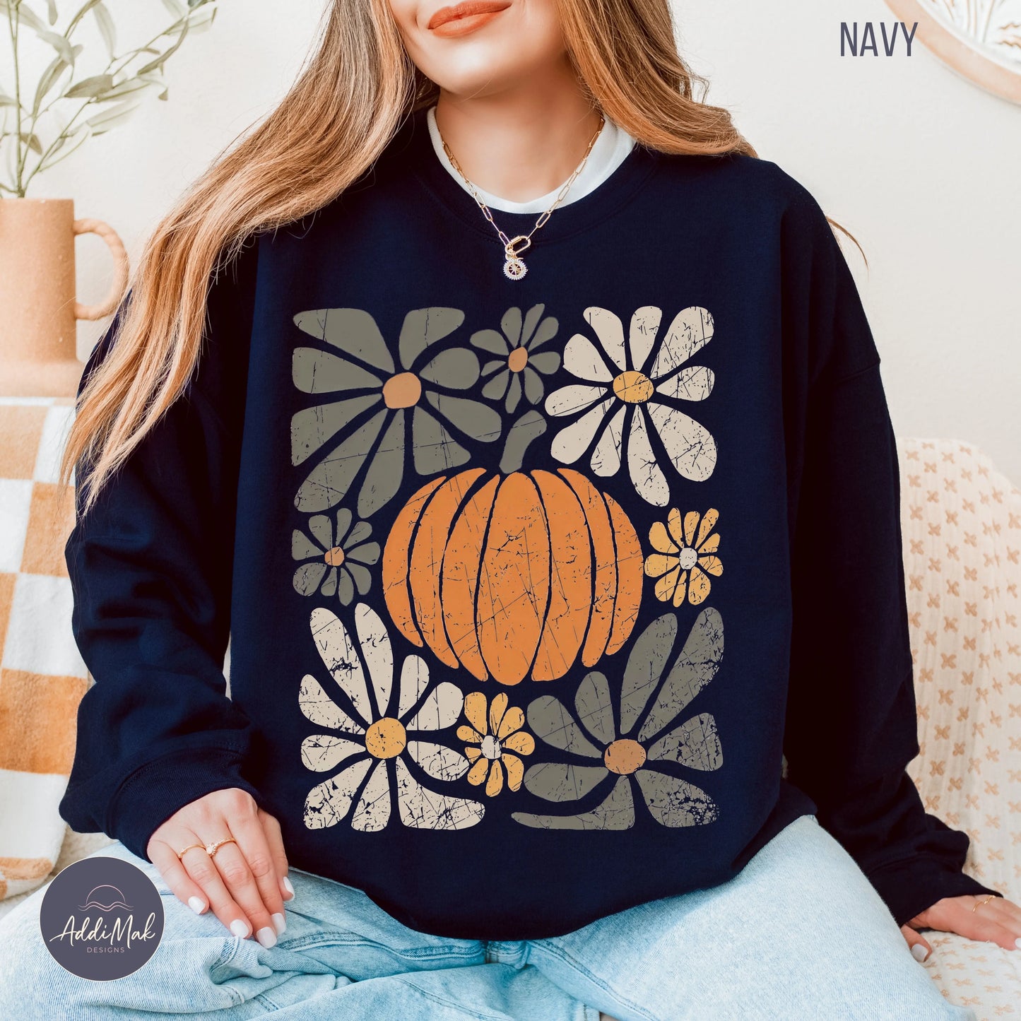 Retro Pumpkin and Floral Crewneck Sweatshirt Printify