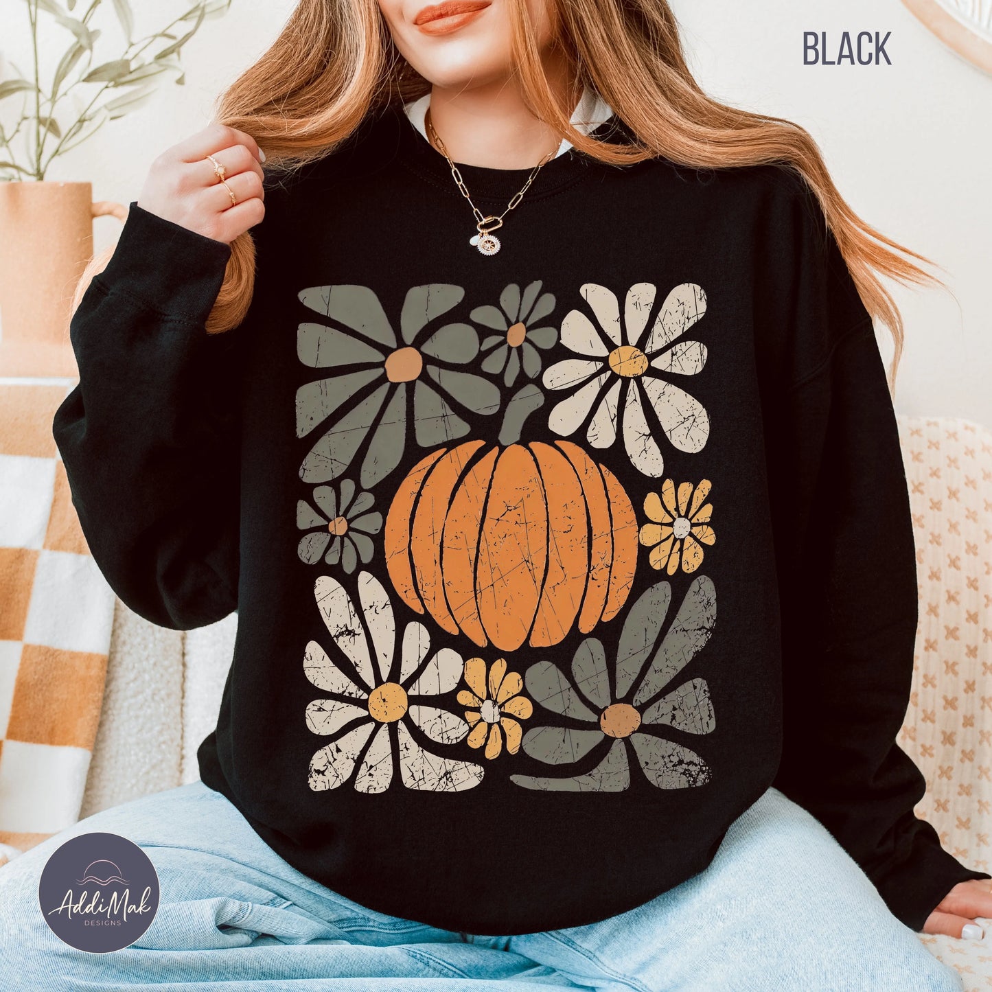 Retro Pumpkin and Floral Crewneck Sweatshirt Printify