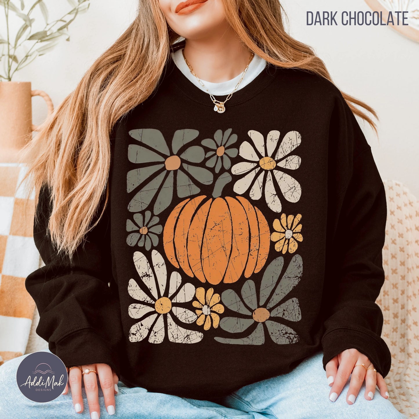 Retro Pumpkin and Floral Crewneck Sweatshirt Printify