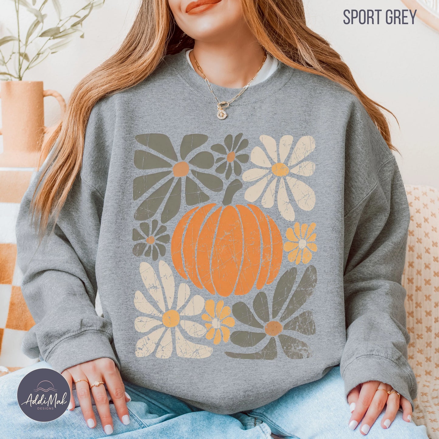 Retro Pumpkin and Floral Crewneck Sweatshirt Printify