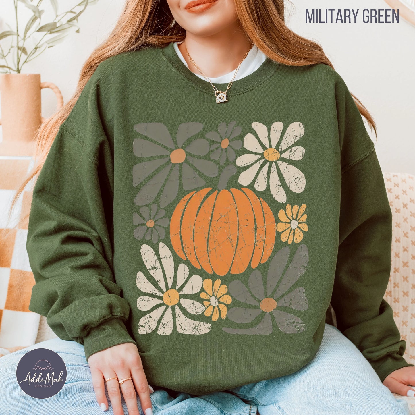 Retro Pumpkin and Floral Crewneck Sweatshirt Printify