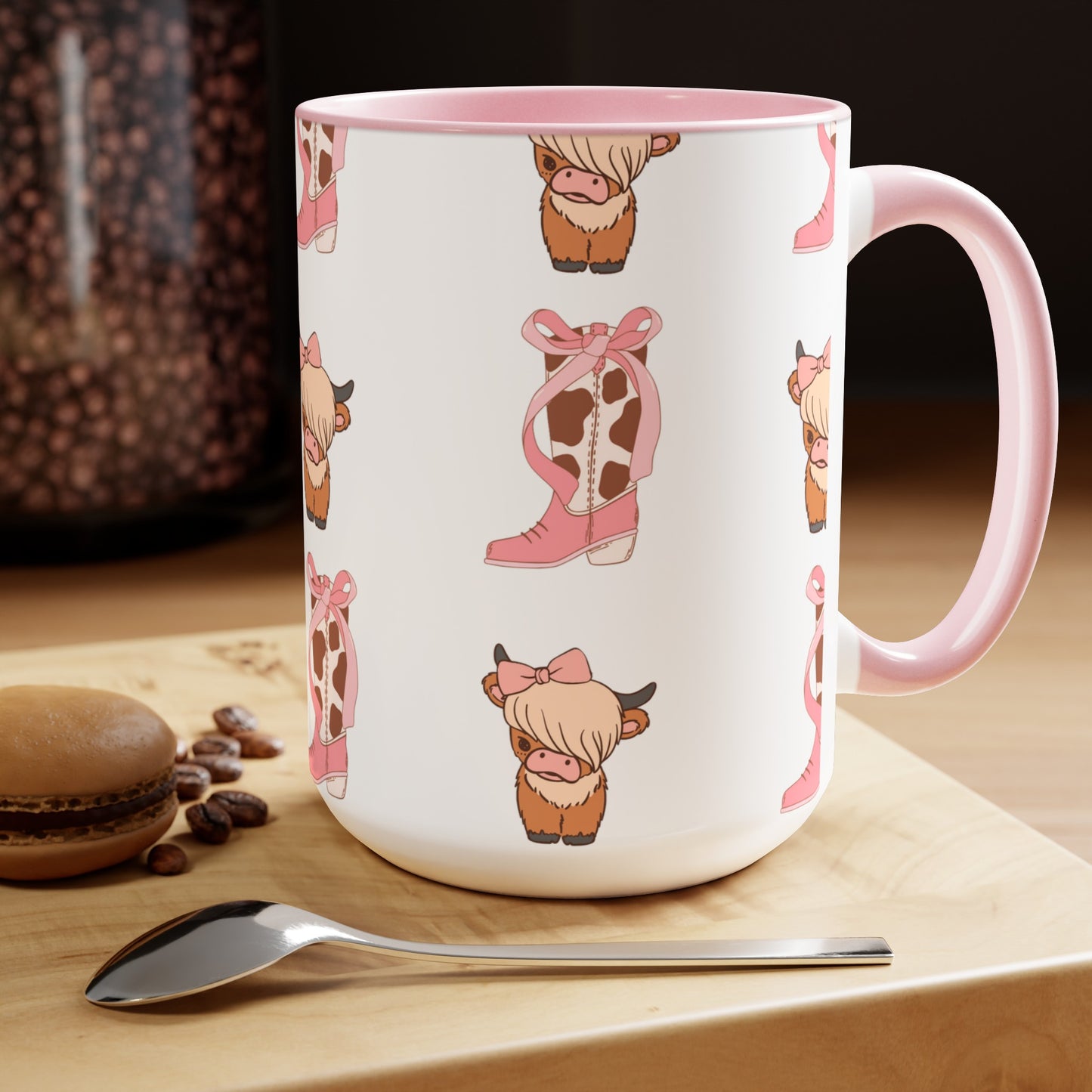 Highland cow and pink cowgirl boots Coquette Coffee and Tea Ceramic Mug