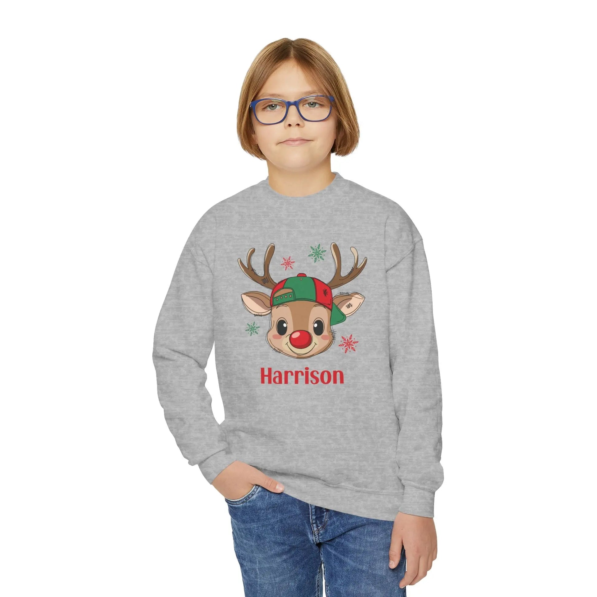 Personalized Kids Christmas Reindeer Sweatshirt | Custom Name Youth Holiday Crewneck | Cute Rudolph Girl Boy Christmas Outfit Printify