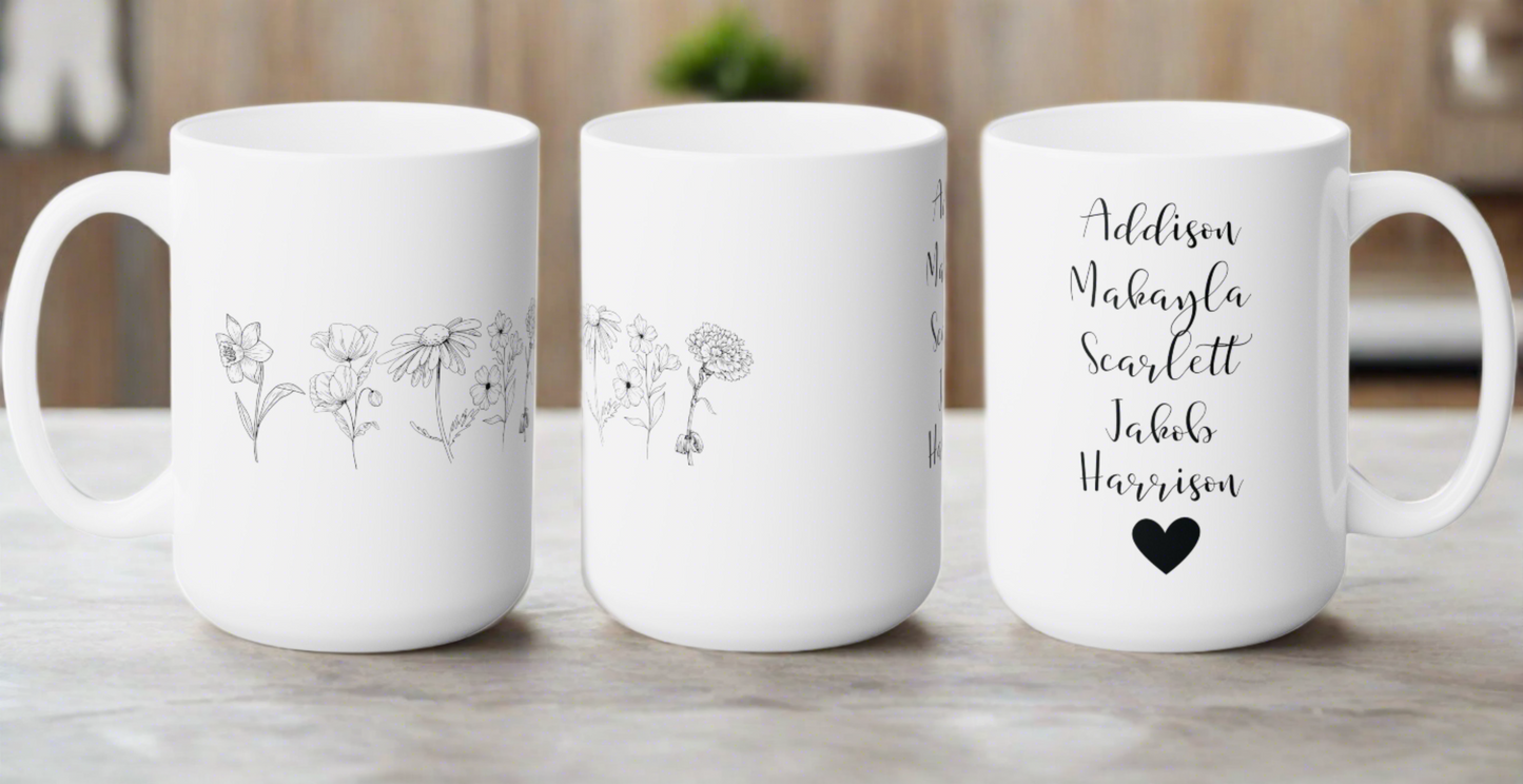 Custom Birth Flower Line Design Coffee Mug - Personalized with Names