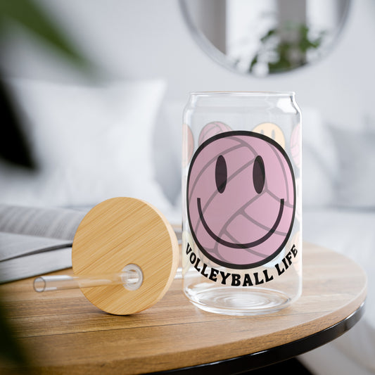 Retro Volleyball Life Smiley Iced Coffee Glass Can Tumbler with Bamboo Lid and Straw