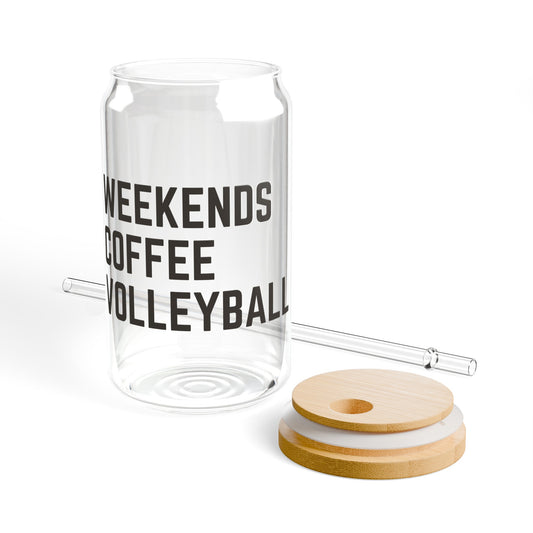 Weekends Coffee Volleyball Iced Coffee Glass Can Tumbler with Bamboo Lid and Straw