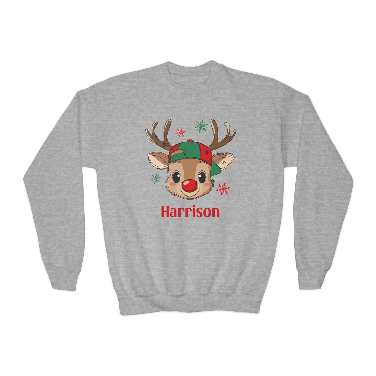 Personalized Kids Christmas Reindeer Sweatshirt | Custom Name Youth Holiday Crewneck | Cute Rudolph Girl Boy Christmas Outfit Printify