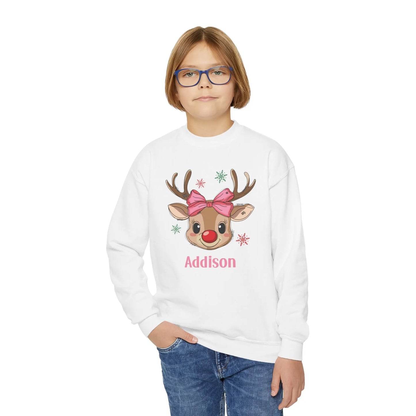 Personalized Kids Christmas Reindeer Sweatshirt | Custom Name Youth Holiday Crewneck | Cute Rudolph Girl Boy Christmas Outfit Printify