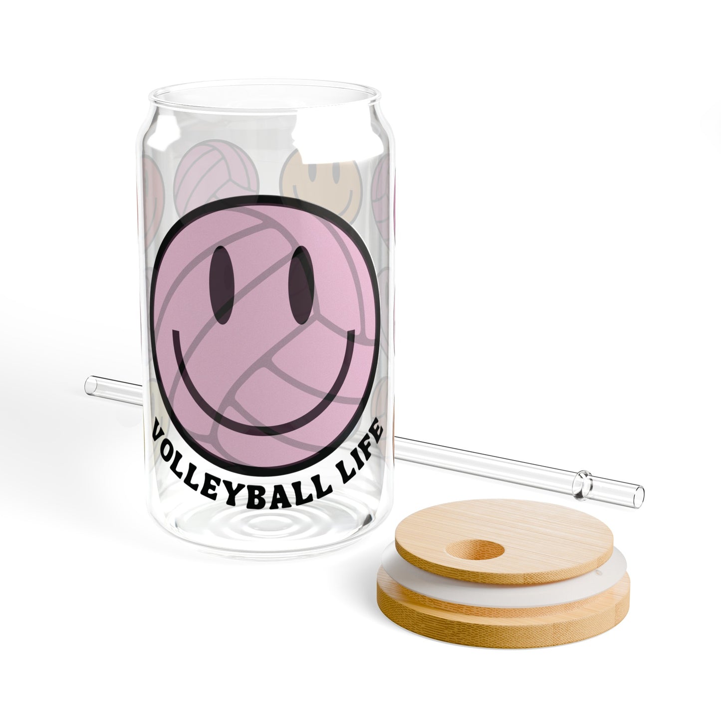 Retro Volleyball Life Smiley Iced Coffee Glass Can Tumbler with Bamboo Lid and Straw