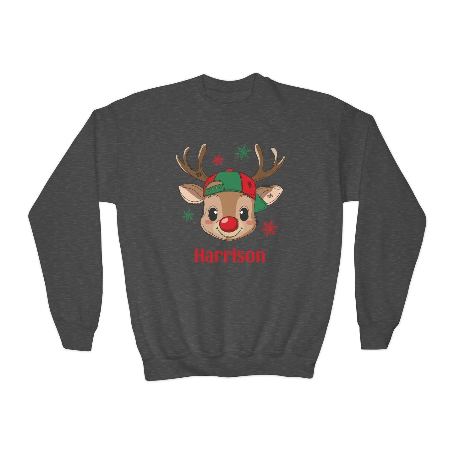 Personalized Kids Christmas Reindeer Sweatshirt | Custom Name Youth Holiday Crewneck | Cute Rudolph Girl Boy Christmas Outfit Printify