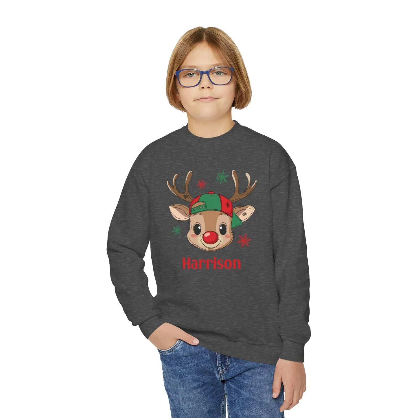 Personalized Kids Christmas Reindeer Sweatshirt | Custom Name Youth Holiday Crewneck | Cute Rudolph Girl Boy Christmas Outfit Printify