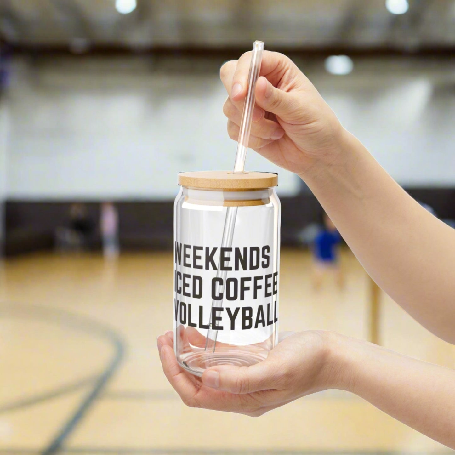 Weekends Iced Coffee Volleyball Iced Coffee Glass Can Tumbler with Bamboo Lid and Straw