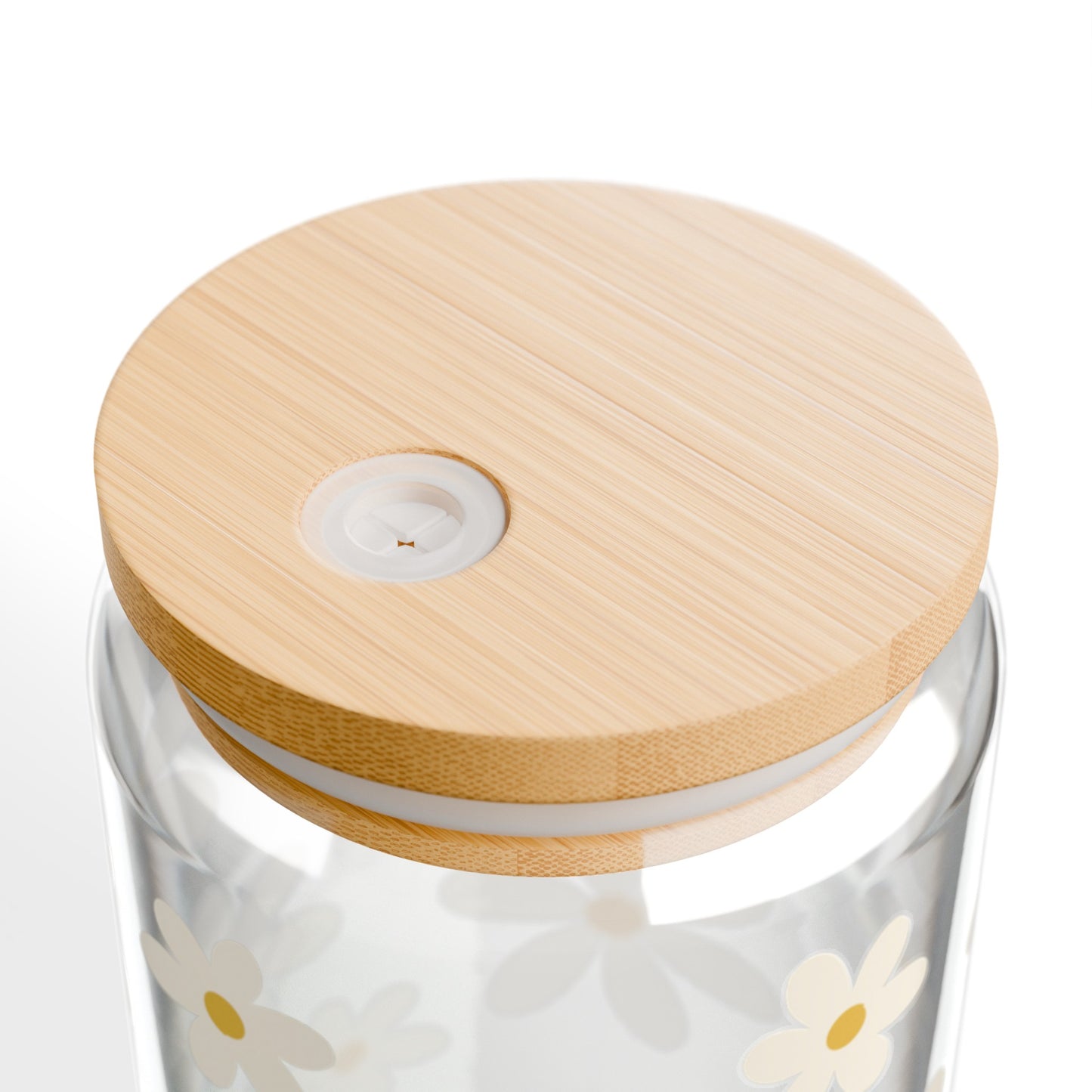 White Daisy Glass Can Iced Coffee Cup with Bamboo Lid and Straw