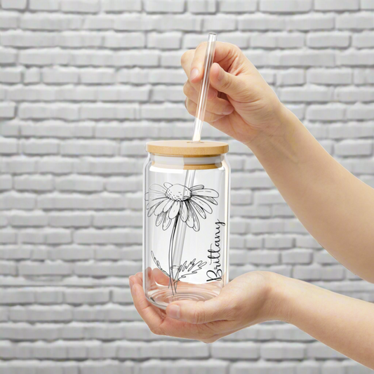 Custom Birth Flower with Name Glass Can Iced Coffee Cup