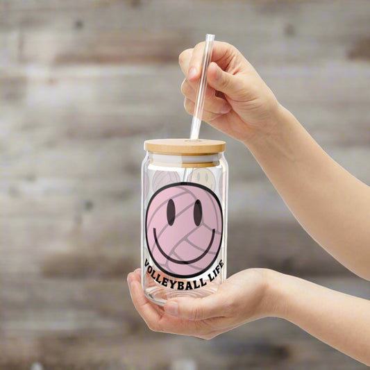 Retro Volleyball Life Smiley Iced Coffee Glass Can Tumbler with Bamboo Lid and Straw