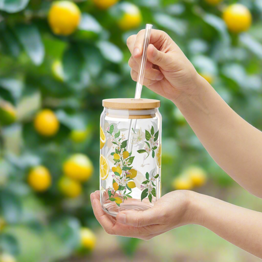 Lemon Citrus Glass Can Iced Coffee Cup with Bamboo Lid and Straw