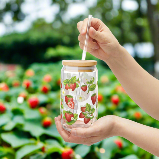 Strawberry Glass Can Iced Coffee Cup with Bamboo Lid and Straw