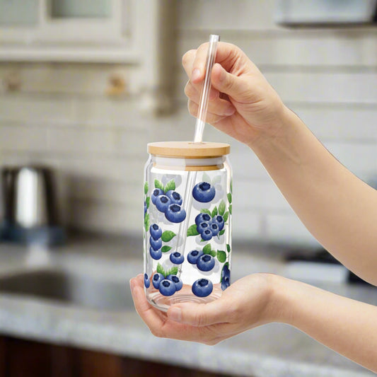 Blueberry Glass Can Iced Coffee Cup with Bamboo Lid and Straw