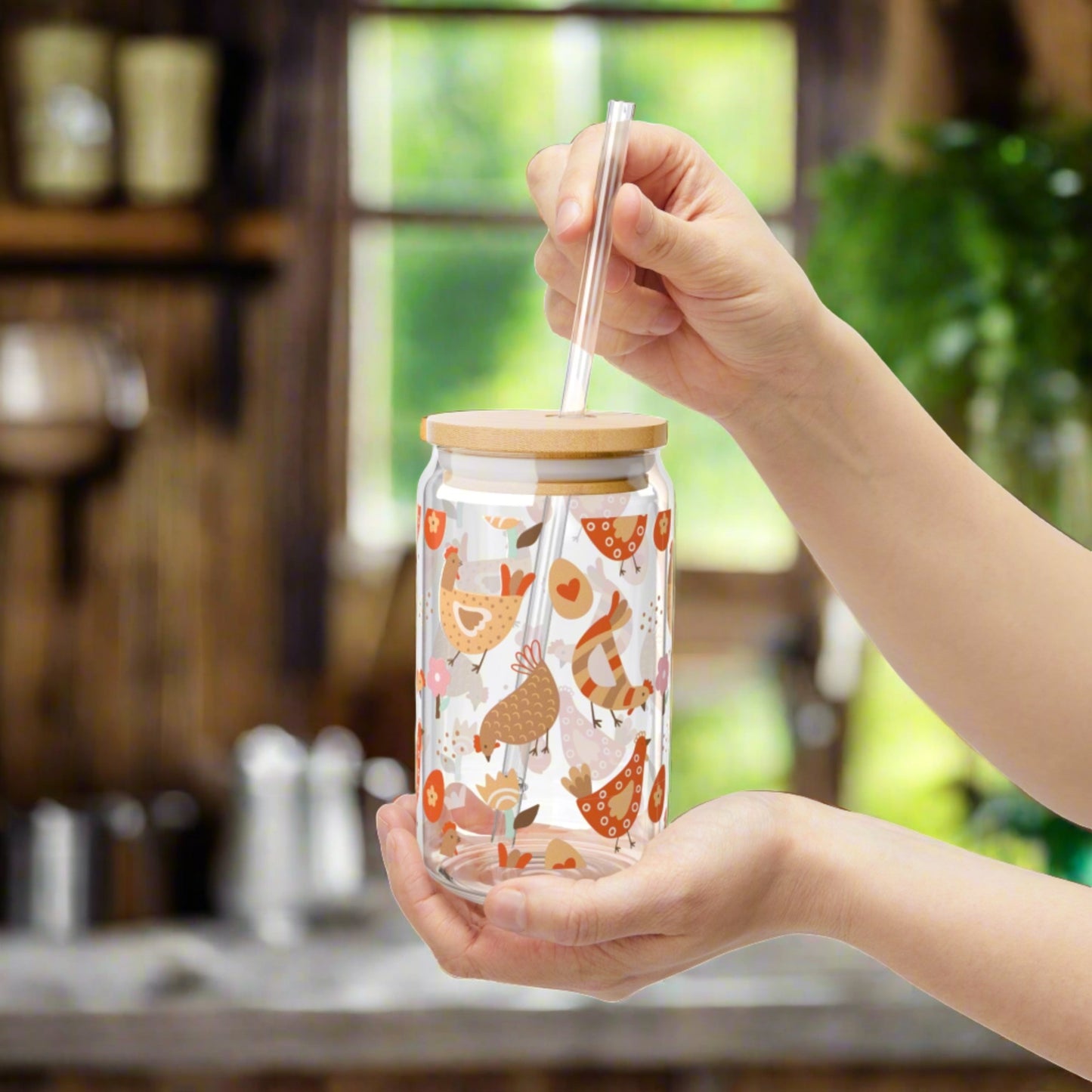 Chickens Eggs and Flowers Glass Can Iced Coffee Cup with Bamboo Lid and Straw