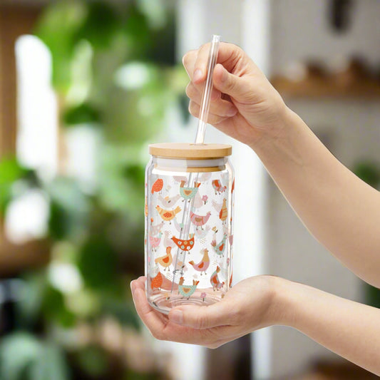 Chickens and Flowers 2 Glass Can Iced Coffee Cup with Bamboo Lid and Straw