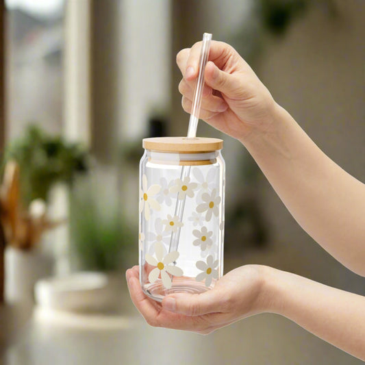 White Daisy Glass Can Iced Coffee Cup with Bamboo Lid and Straw