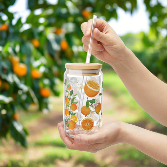 Orange Citrus Glass Can Iced Coffee Cup with Bamboo Lid and Straw