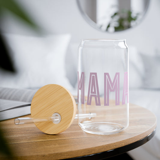 Minimalist MAMA Iced Coffee Glass Can Tumbler with Bamboo Lid and Straw