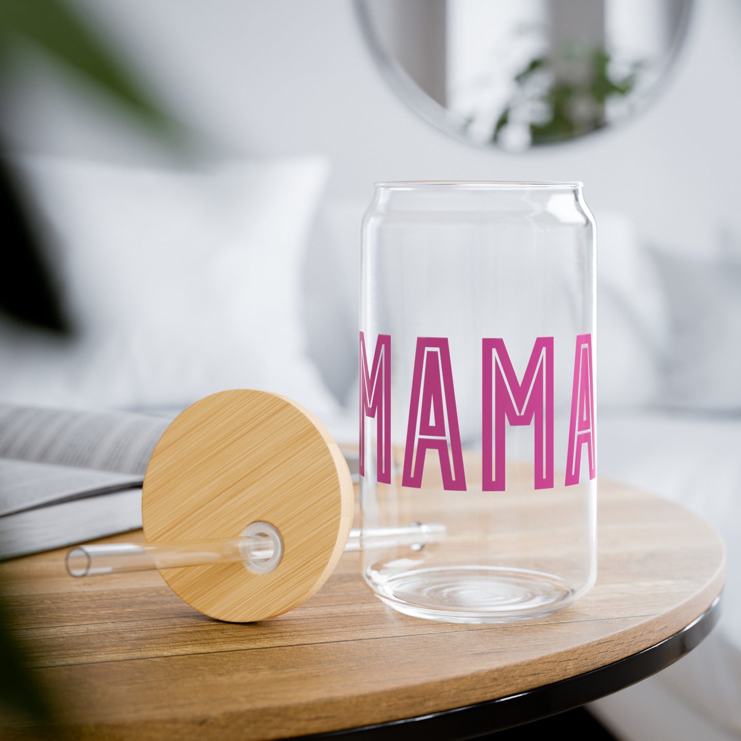 Minimalist MAMA Iced Coffee Glass Can Tumbler with Bamboo Lid and Straw