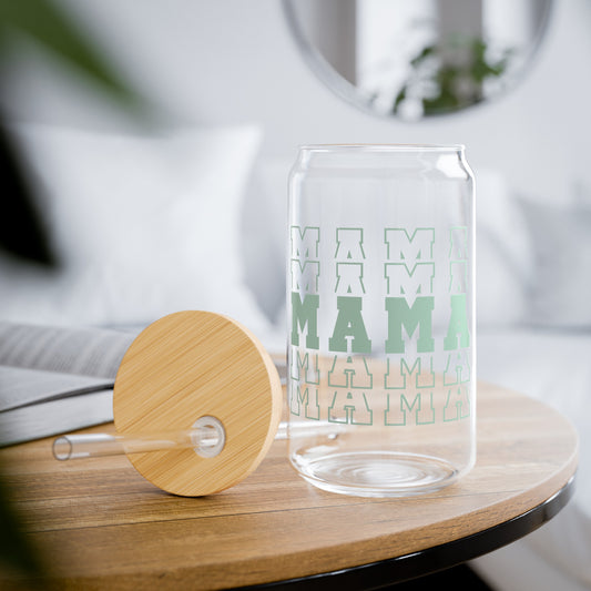 MAMA Iced Coffee Glass Can Tumbler with Bamboo Lid and Straw