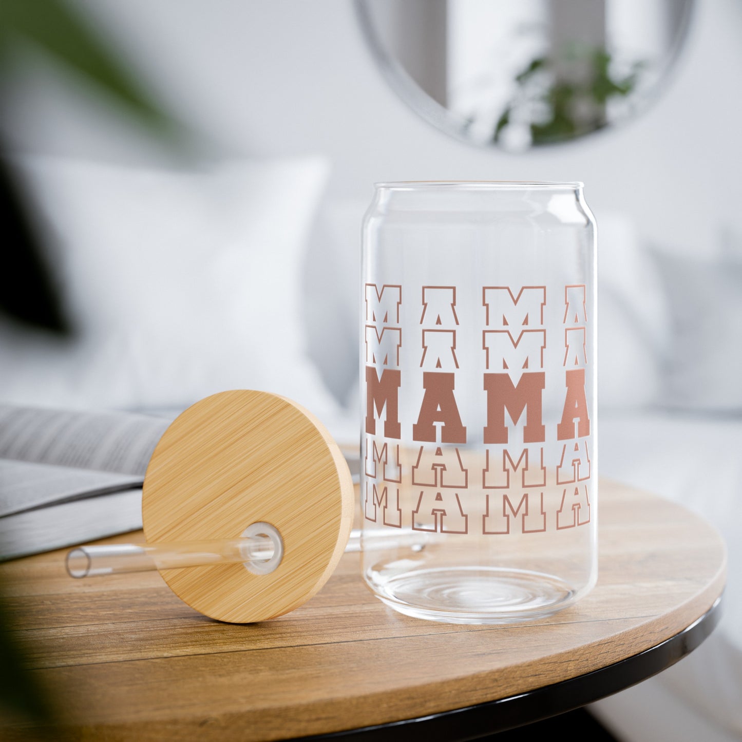 MAMA Iced Coffee Glass Can Tumbler with Bamboo Lid and Straw