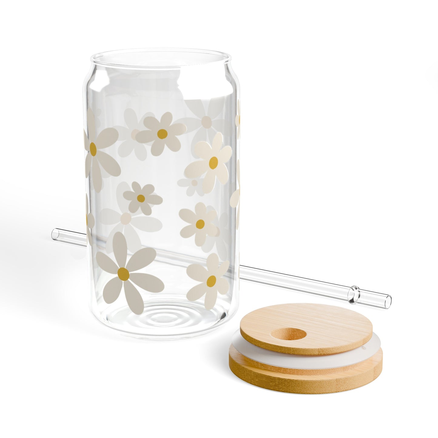 White Daisy Glass Can Iced Coffee Cup with Bamboo Lid and Straw